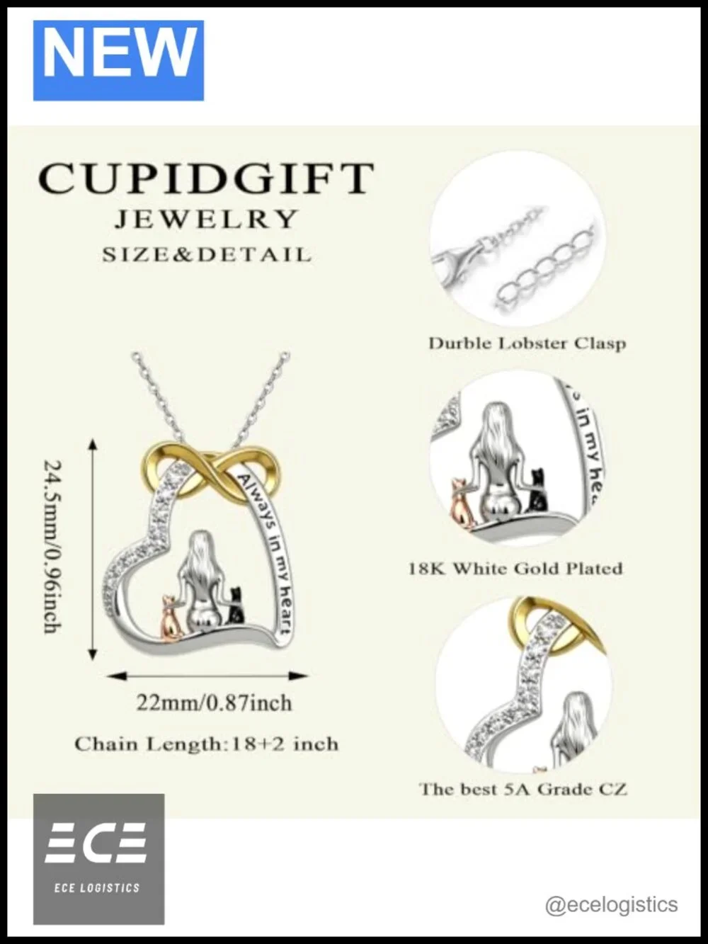 Cat Necklace 18K Gold Plated Heart Pendant for Cat Lovers